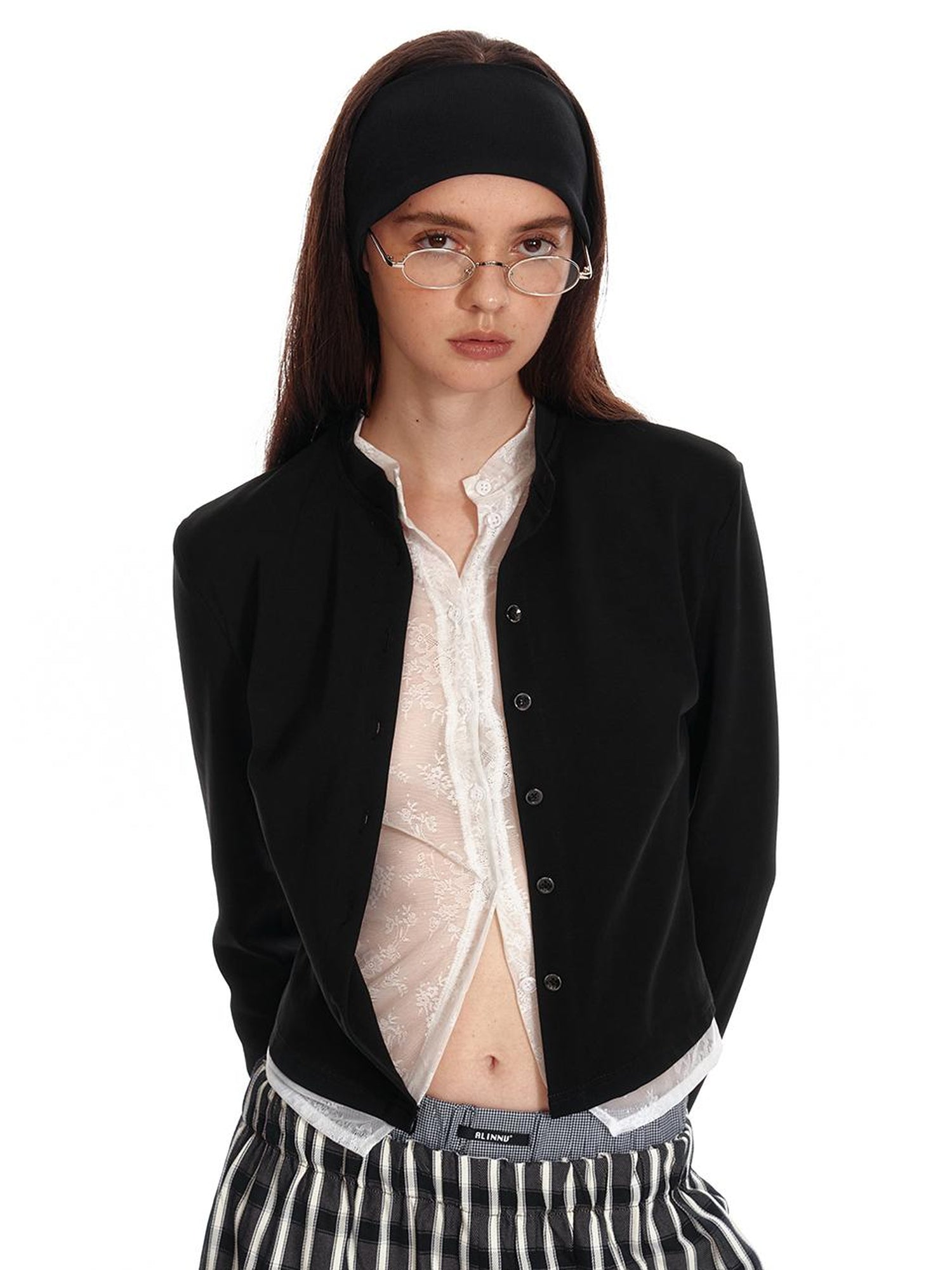 ALINNV STUDIO Lace Paneled Black Knit Long Sleeve Shirt