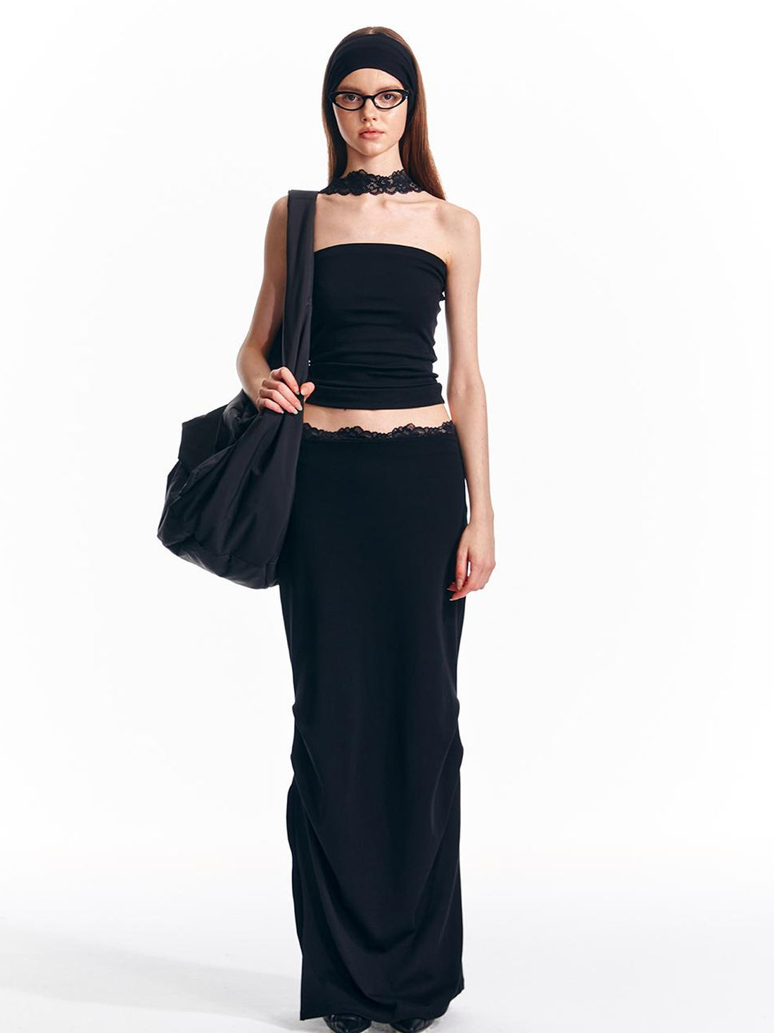 ALINNV STUDIO Lace Waist Knit Maxi Skirt With Slit