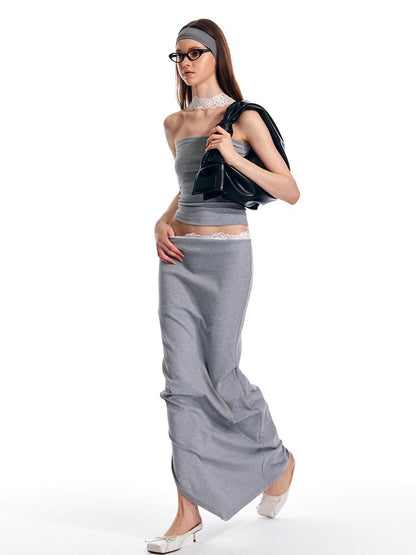 ALINNV STUDIO Lace Waist Knit Maxi Skirt With Slit