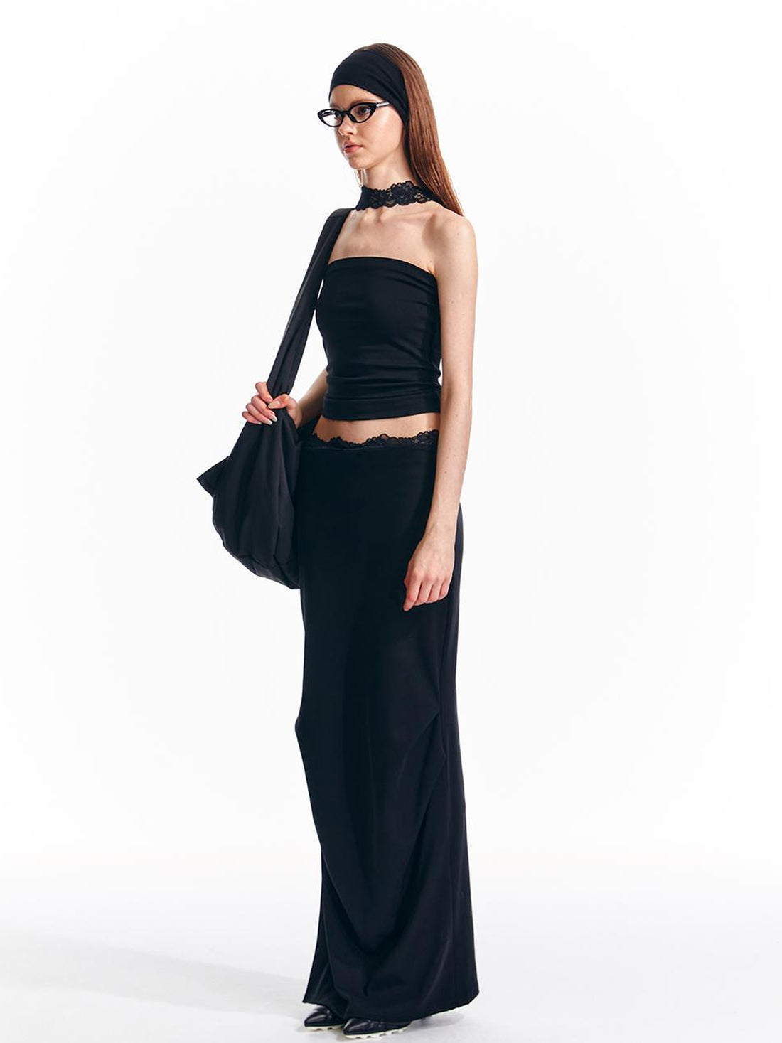 ALINNV STUDIO Lace Waist Knit Maxi Skirt With Slit