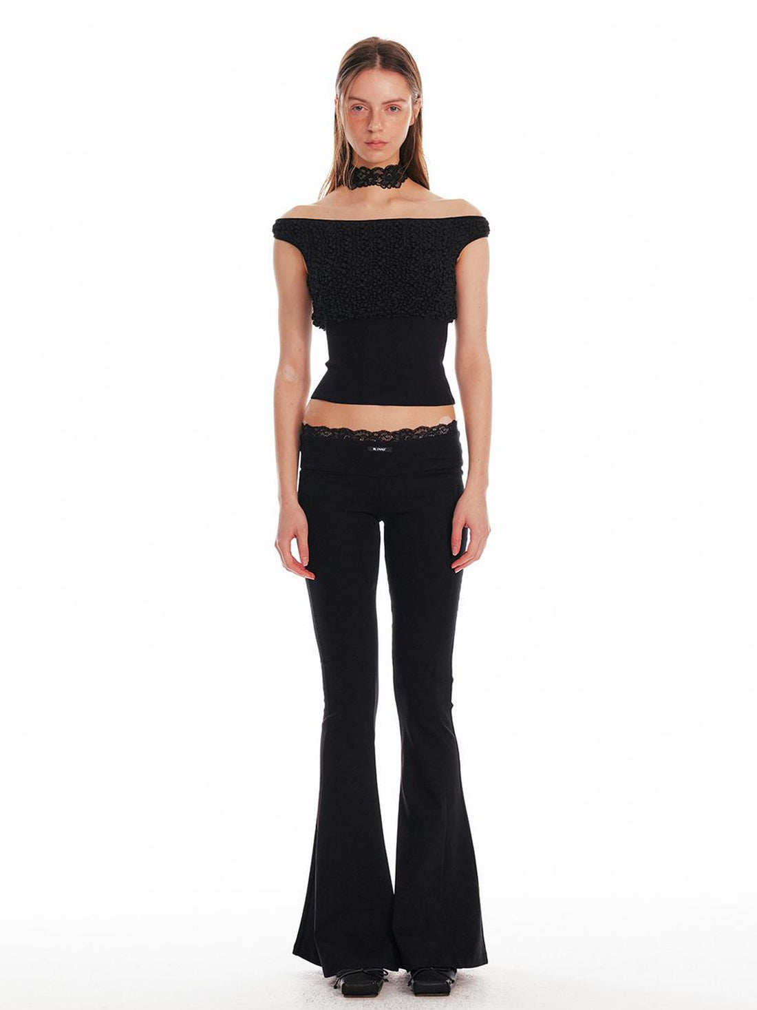 ALINNV STUDIO Low Waist Lace Panel Stretch Flare Pants