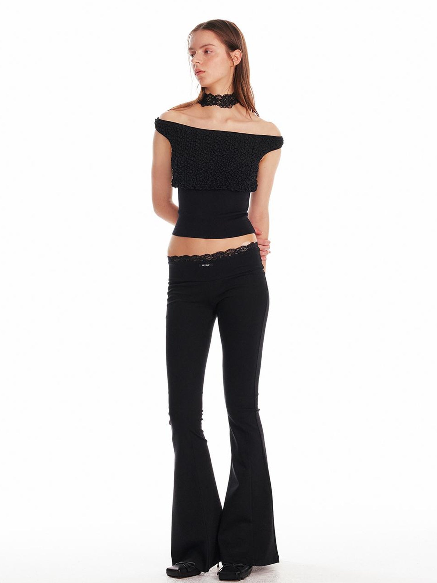 ALINNV STUDIO Low Waist Lace Panel Stretch Flare Pants
