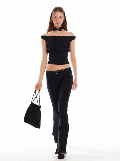 ALINNV STUDIO Low Waist Lace Panel Stretch Flare Pants