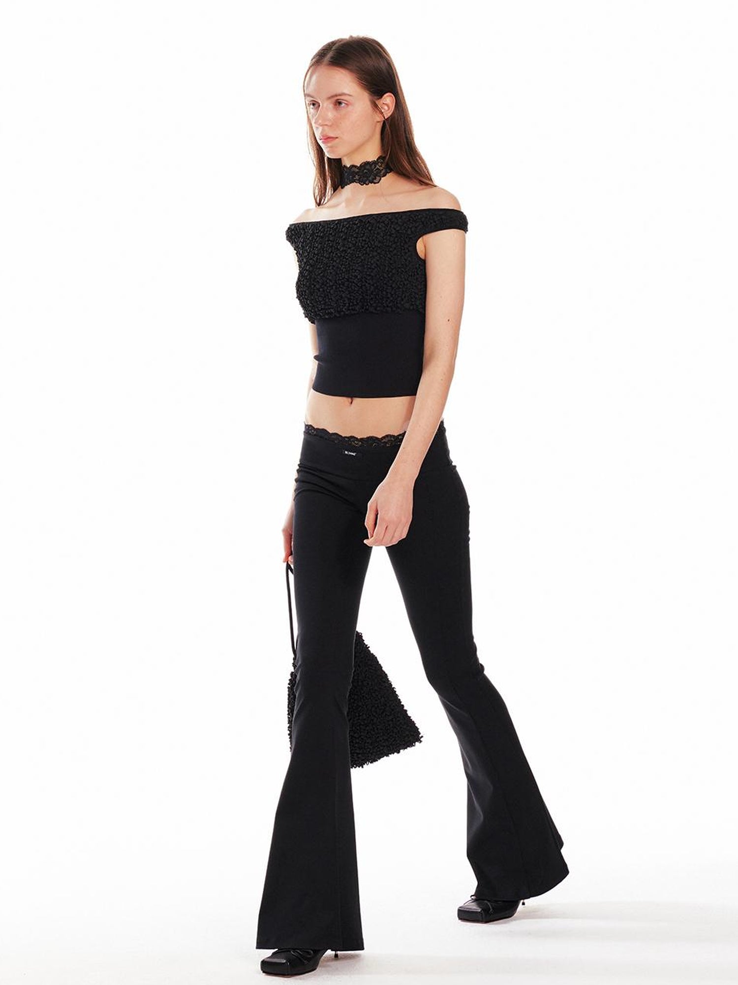 ALINNV STUDIO Low Waist Lace Panel Stretch Flare Pants