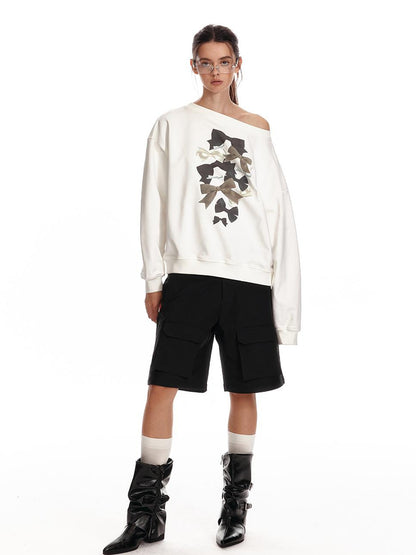 ALINNV STUDIO Off Shoulder Bow Print Slouchy Sweatshirt