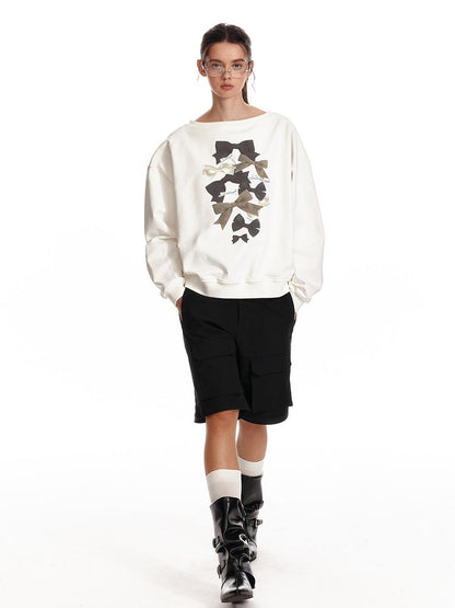 ALINNV STUDIO Off Shoulder Bow Print Slouchy Sweatshirt
