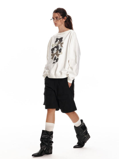 ALINNV STUDIO Off Shoulder Bow Print Slouchy Sweatshirt