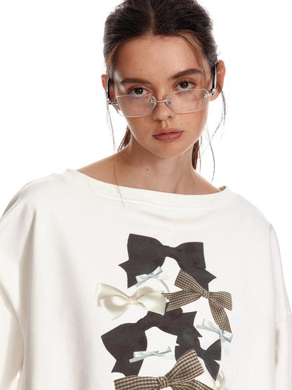 ALINNV STUDIO Off Shoulder Bow Print Slouchy Sweatshirt