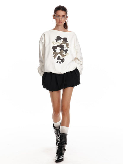 ALINNV STUDIO Off Shoulder Bow Print Slouchy Sweatshirt