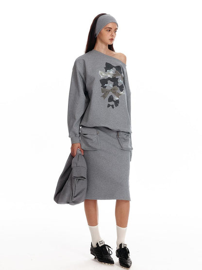ALINNV STUDIO Off Shoulder Bow Print Slouchy Sweatshirt