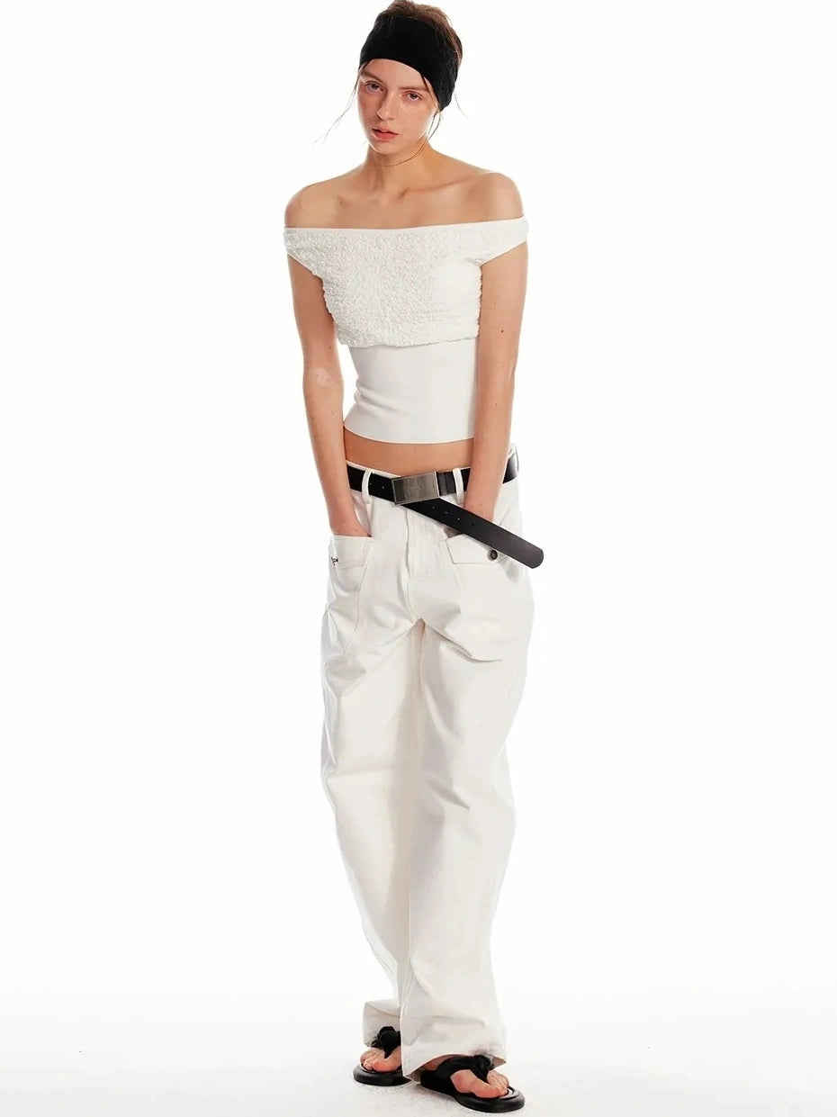 ALINNV STUDIO Off Shoulder Cropped Top With Floral Embroidery T-shirt