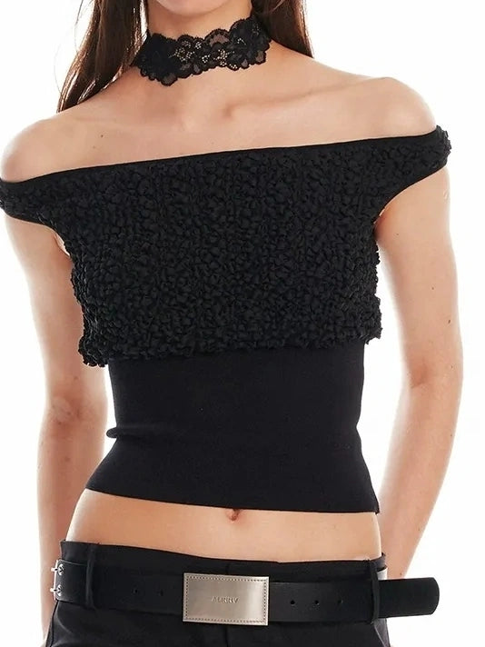 ALINNV STUDIO Off Shoulder Cropped Top With Floral Embroidery T-shirt