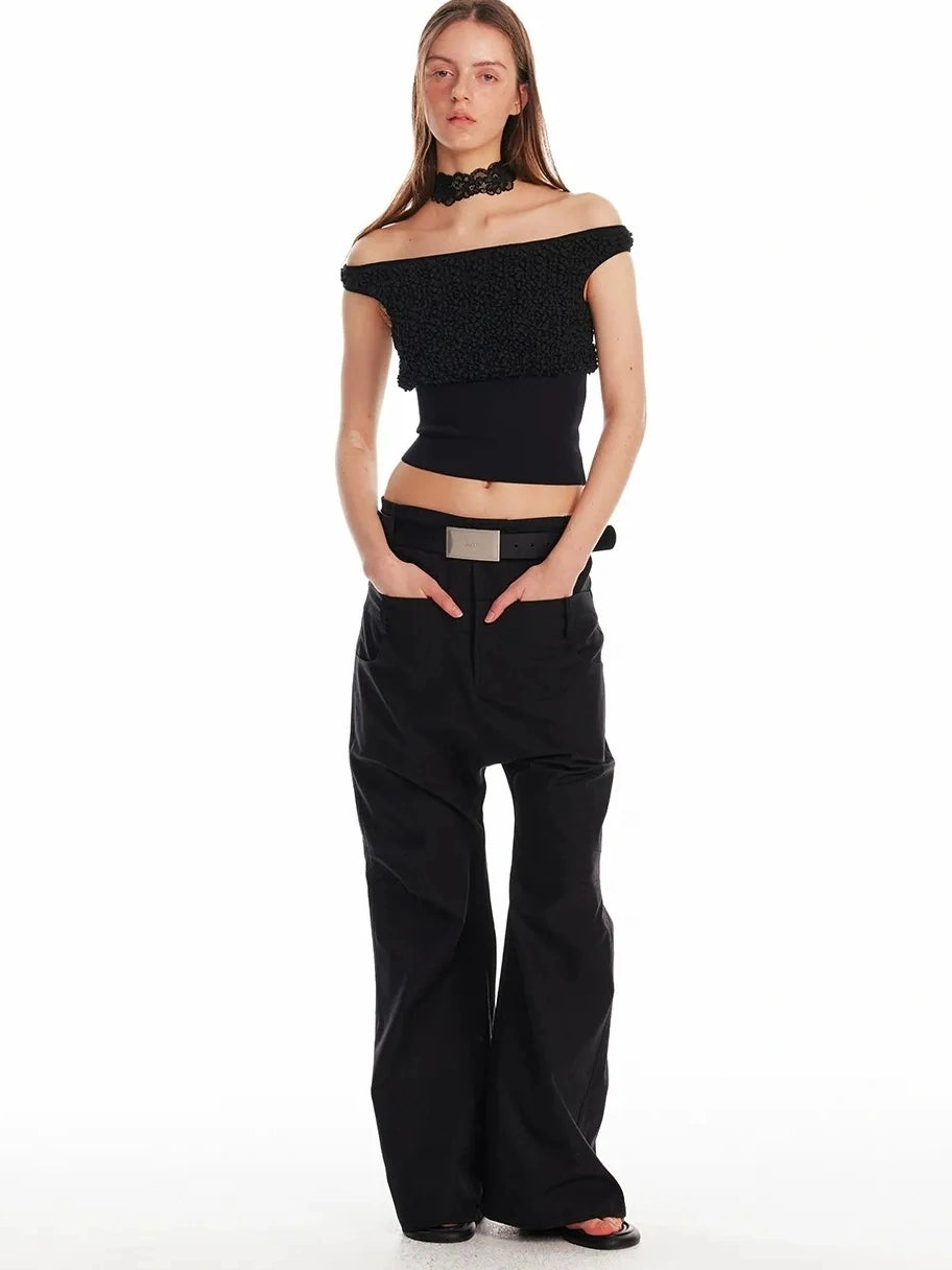 ALINNV STUDIO Off Shoulder Cropped Top With Floral Embroidery T-shirt