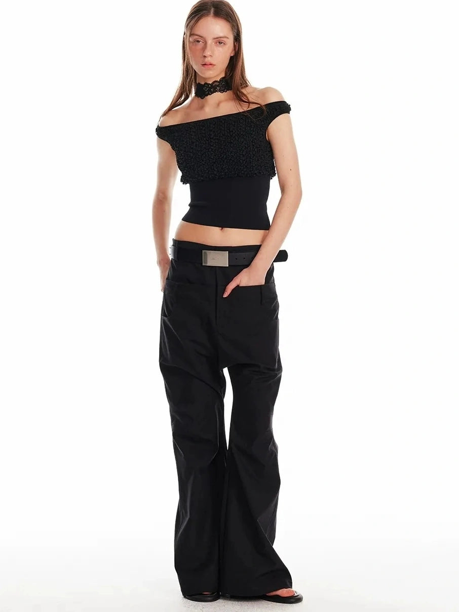 ALINNV STUDIO Off Shoulder Cropped Top With Floral Embroidery T-shirt