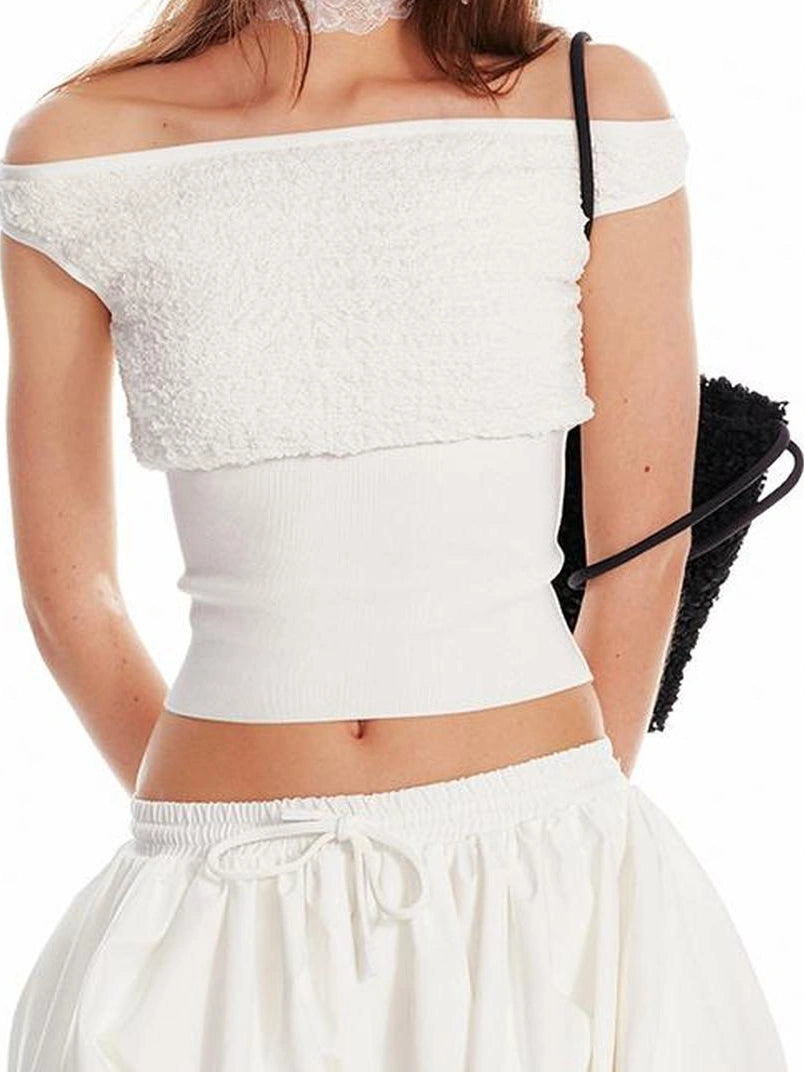 ALINNV STUDIO Off Shoulder Cropped Top With Floral Embroidery T-shirt