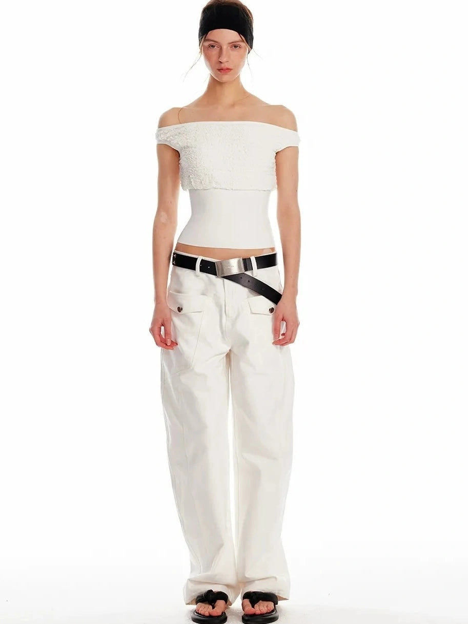 ALINNV STUDIO Off Shoulder Cropped Top With Floral Embroidery T-shirt