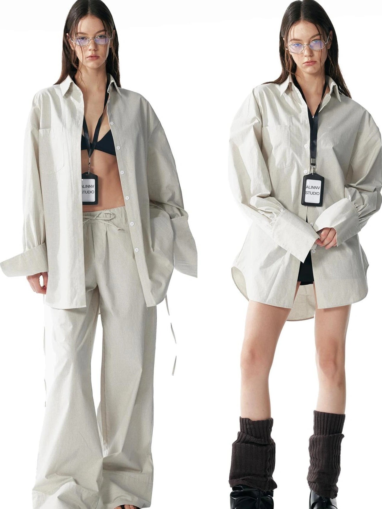 ALINNV STUDIO Oversized Striped Cotton Linen Shirt Wide Leg Pants Set Shirts