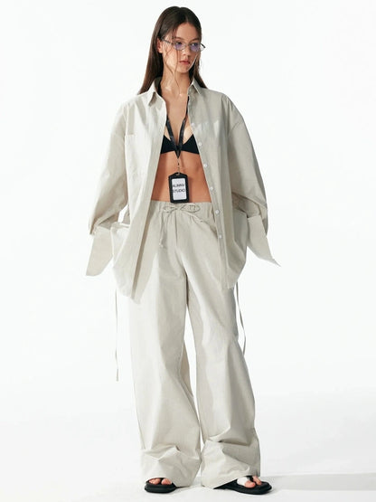 ALINNV STUDIO Oversized Striped Cotton Linen Shirt Wide Leg Pants Set Shirts