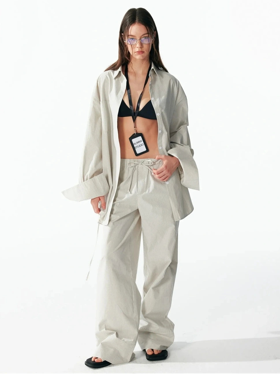 ALINNV STUDIO Oversized Striped Cotton Linen Shirt Wide Leg Pants Set Shirts