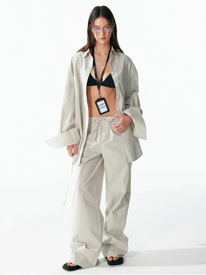 ALINNV STUDIO Oversized Striped Cotton Linen Shirt Wide Leg Pants Set Shirts