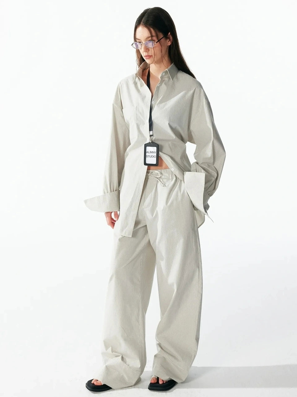 ALINNV STUDIO Oversized Striped Cotton Linen Shirt Wide Leg Pants Set Shirts