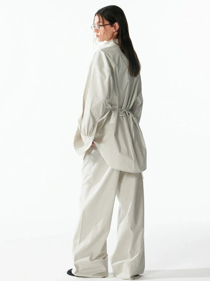 ALINNV STUDIO Oversized Striped Cotton Linen Shirt Wide Leg Pants Set Shirts