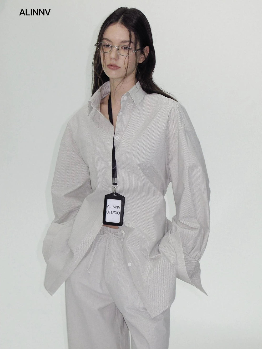 ALINNV STUDIO Oversized Striped Cotton Linen Shirt Wide Leg Pants Set Shirts