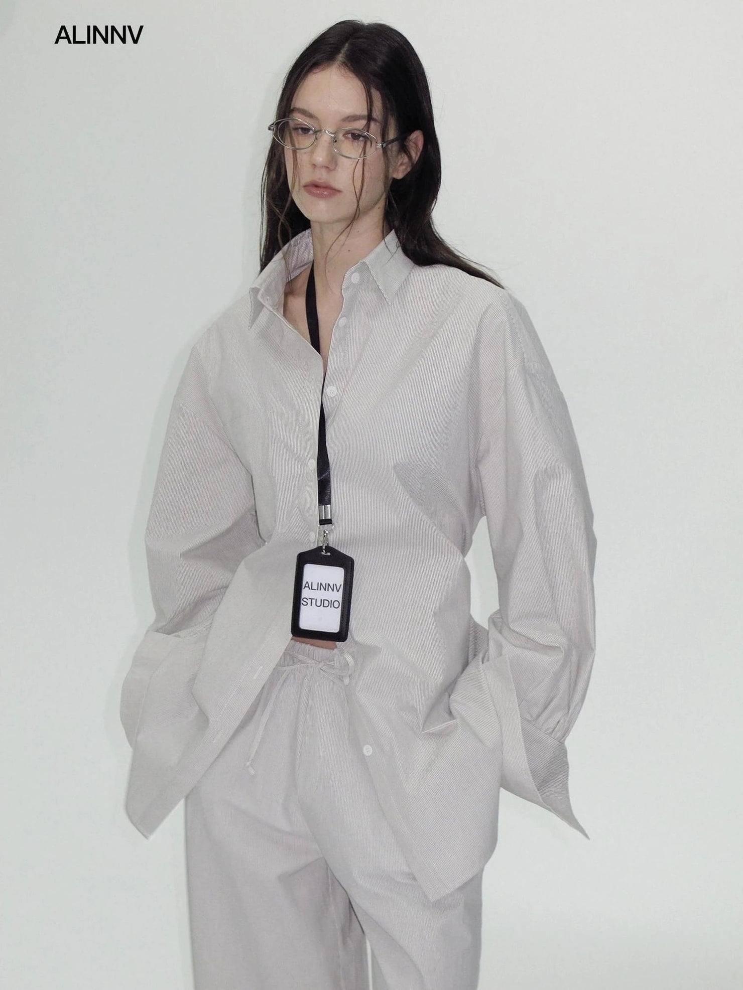 ALINNV STUDIO Oversized Striped Cotton Linen Shirt Wide Leg Pants Set Shirts