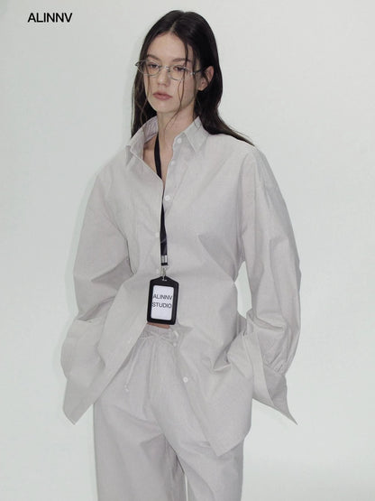 ALINNV STUDIO Oversized Striped Cotton Linen Shirt Wide Leg Pants Set Shirts