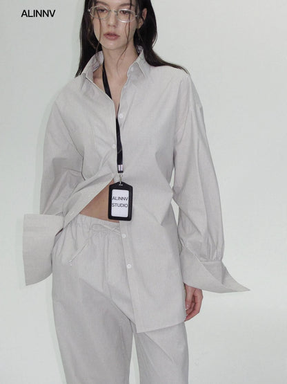 ALINNV STUDIO Oversized Striped Cotton Linen Shirt Wide Leg Pants Set Shirts