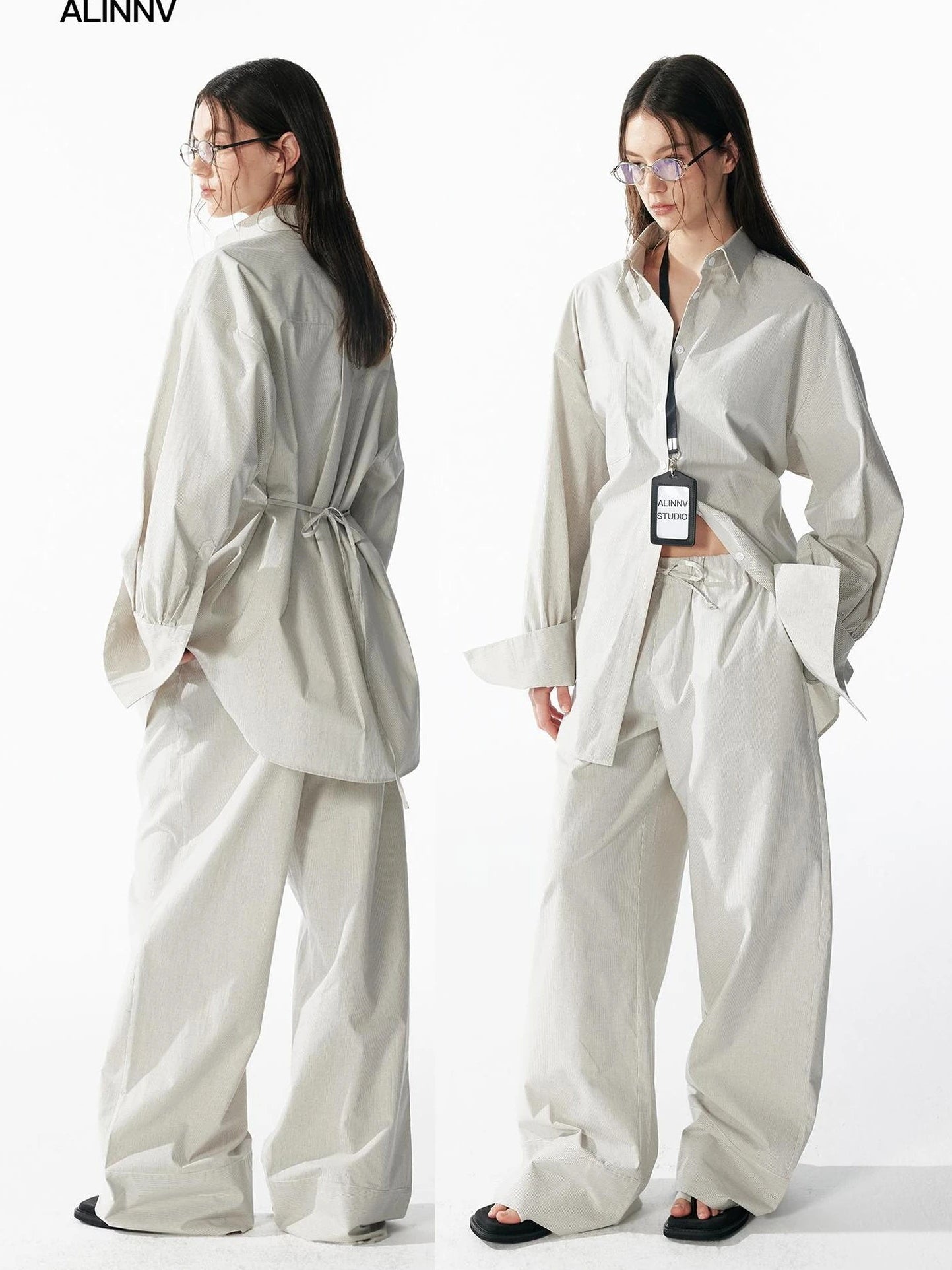 ALINNV STUDIO Oversized Striped Cotton Linen Shirt Wide Leg Pants Set Shirts