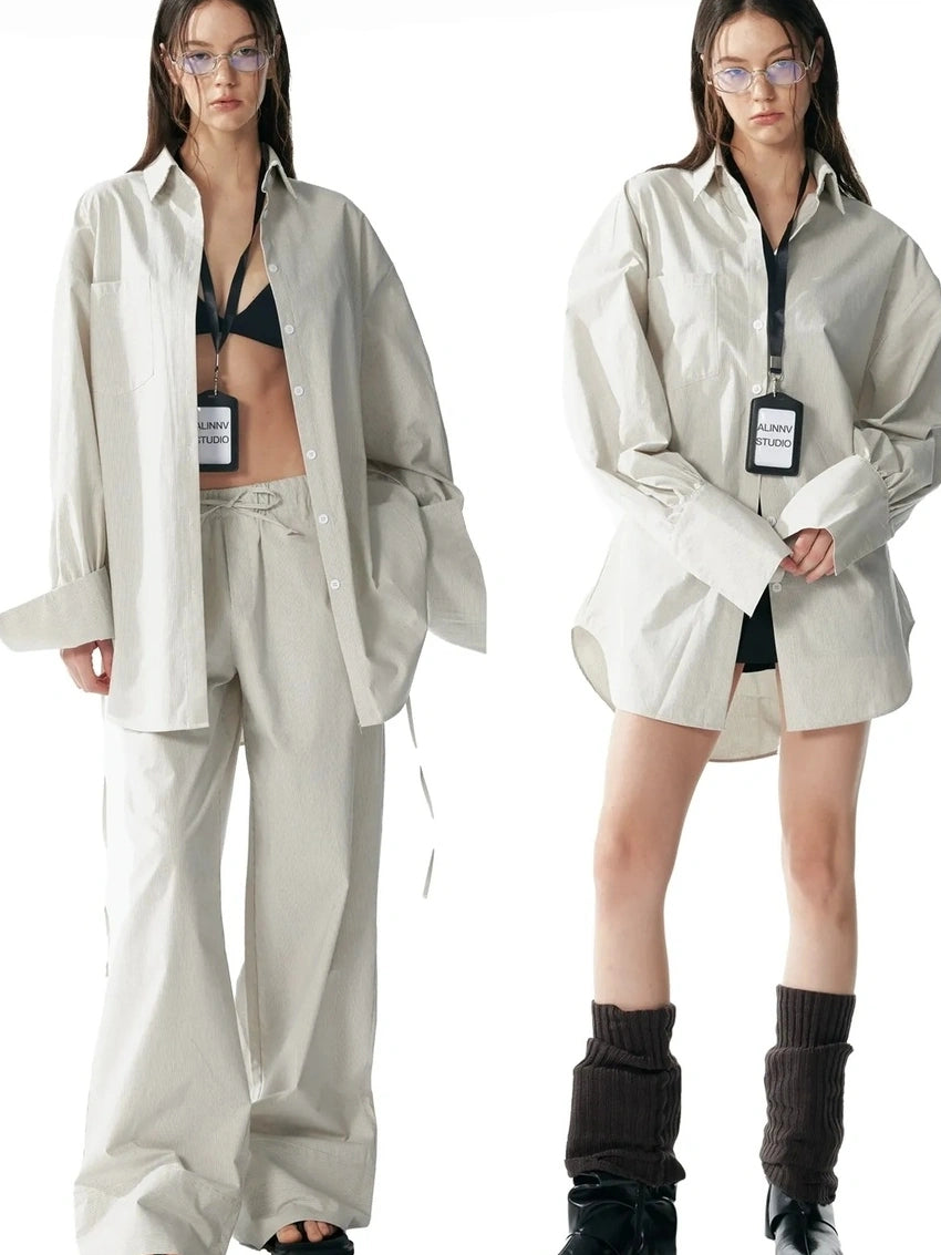 ALINNV STUDIO Oversized Striped Cotton Linen Shirt Wide Leg Pants Set Shirts