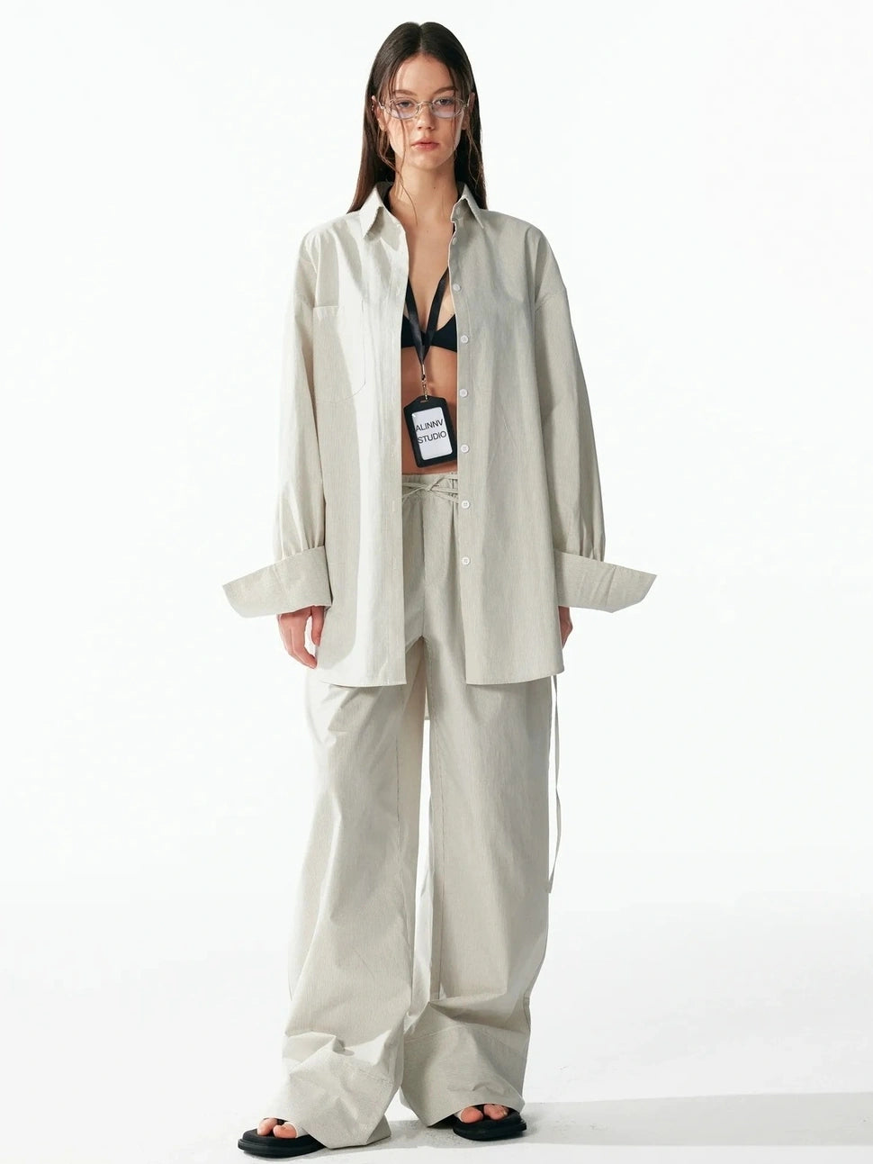 ALINNV STUDIO Oversized Striped Cotton Linen Shirt Wide Leg Pants Set Shirts