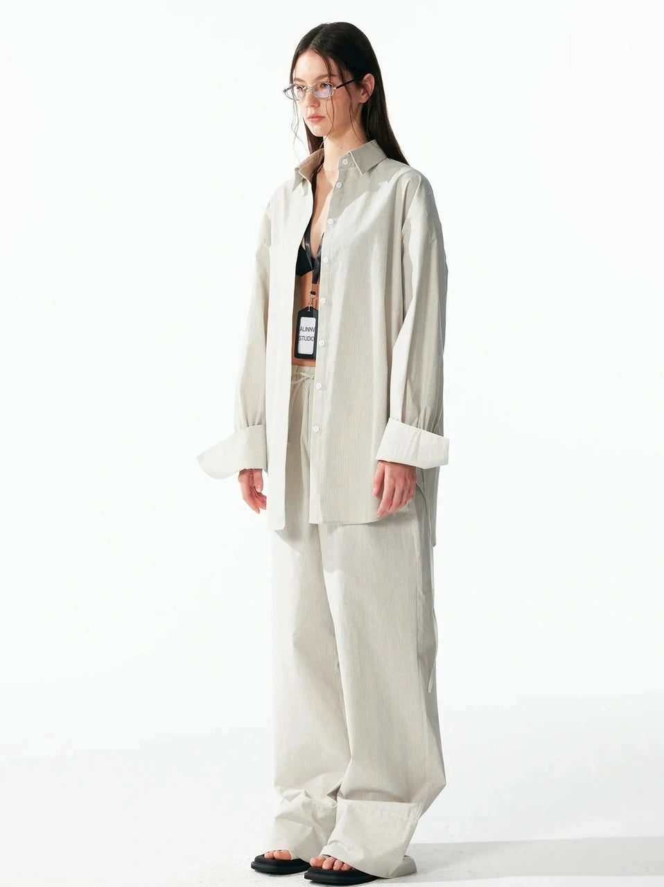 ALINNV STUDIO Oversized Striped Cotton Linen Shirt Wide Leg Pants Set Shirts