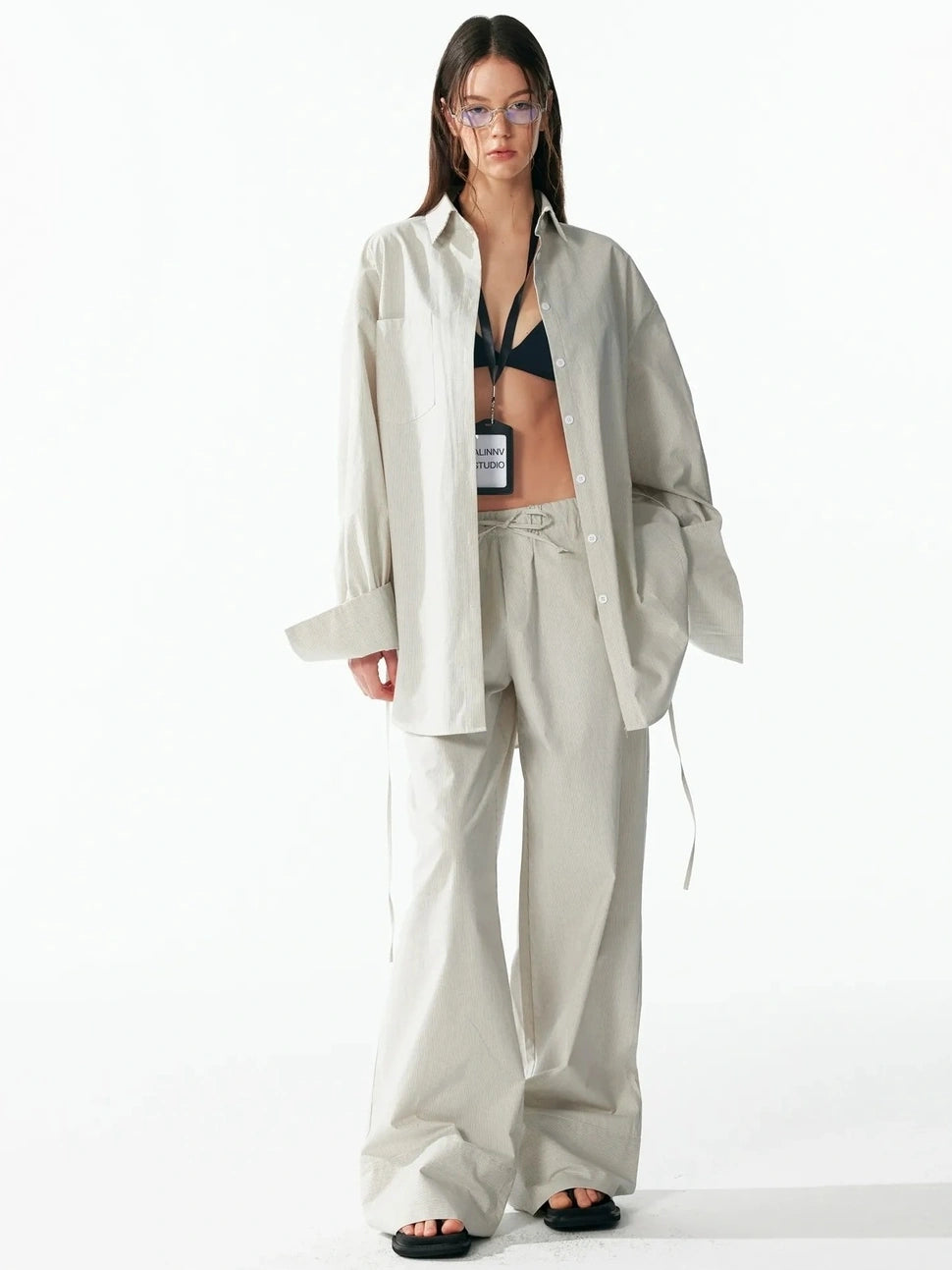 ALINNV STUDIO Oversized Striped Cotton Linen Shirt Wide Leg Pants Set Shirts