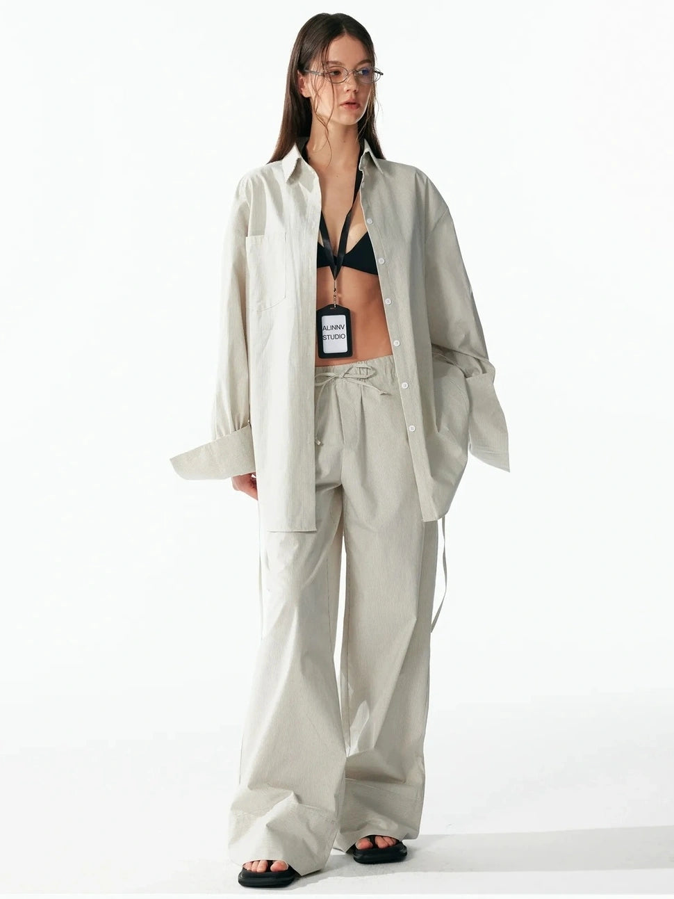 ALINNV STUDIO Oversized Striped Cotton Linen Shirt Wide Leg Pants Set Shirts