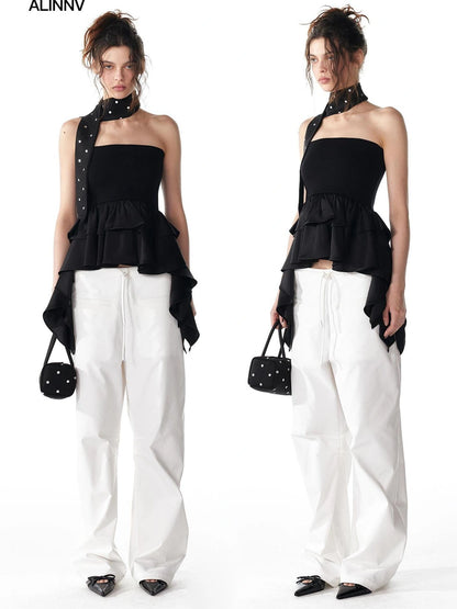 ALINNV STUDIO Pleated Low Waist Wide Leg Trousers Pants