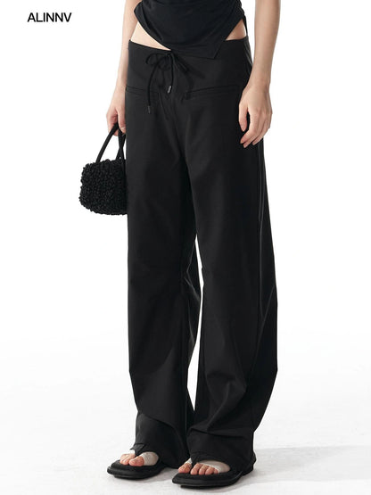 ALINNV STUDIO Pleated Low Waist Wide Leg Trousers Pants