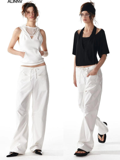 ALINNV STUDIO Pleated Low Waist Wide Leg Trousers Pants