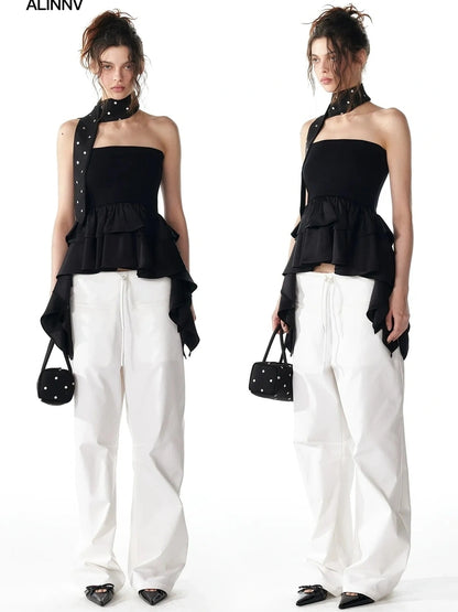 ALINNV STUDIO Pleated Low Waist Wide Leg Trousers Pants