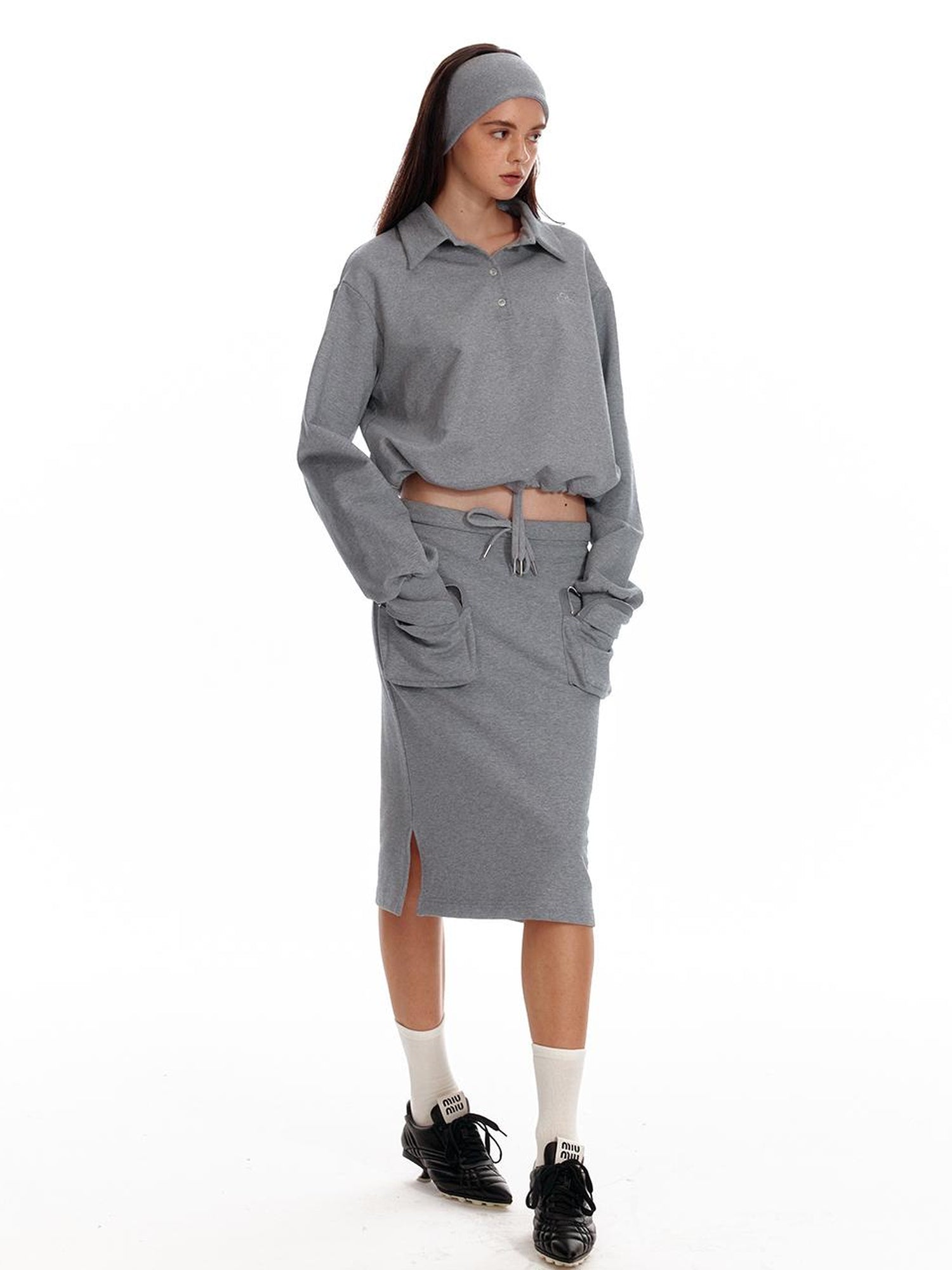 ALINNV STUDIO Polo Collar Drawstring Hem Embroidered Loose Fit Crop Sweatshirt
