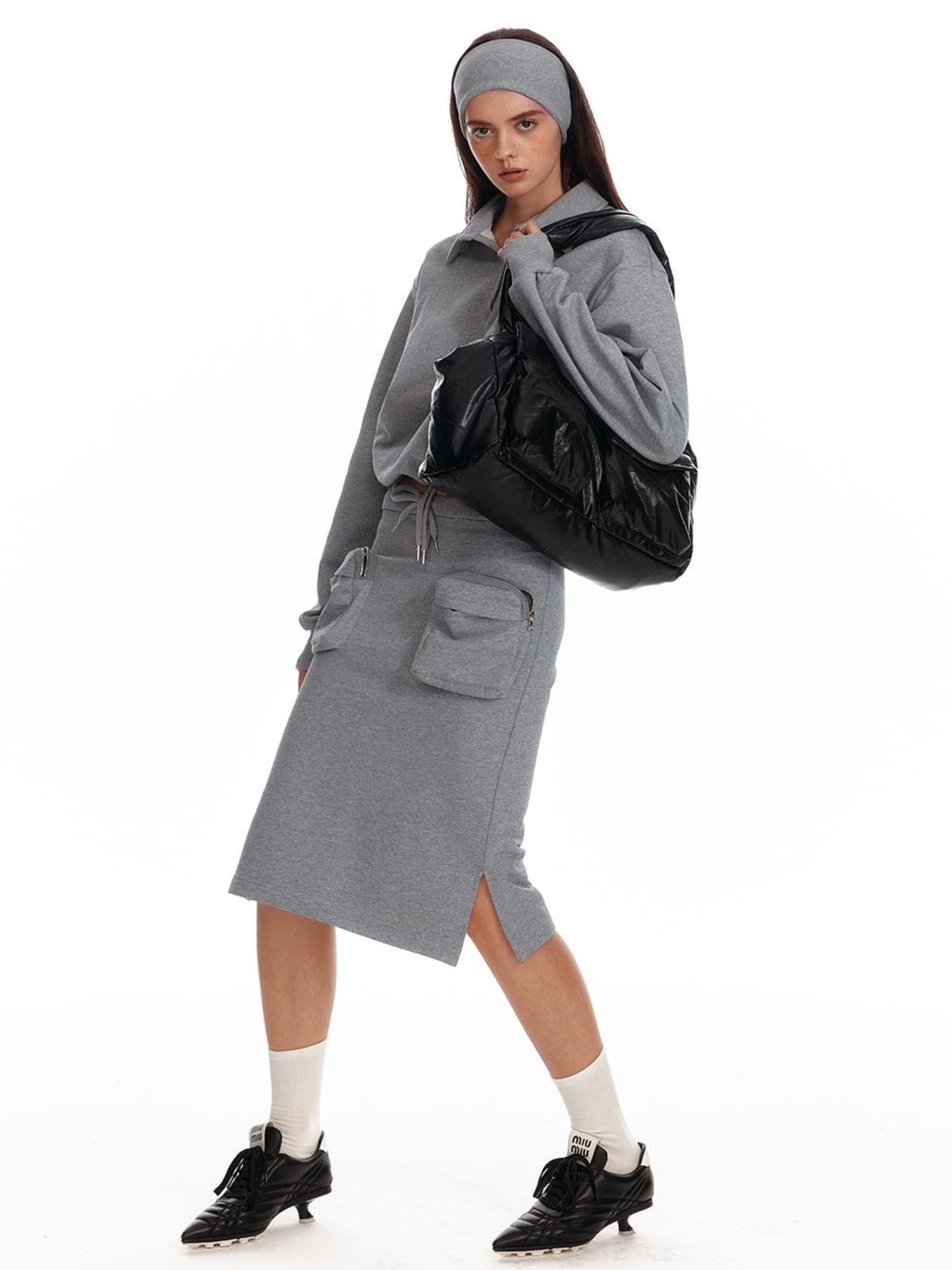 ALINNV STUDIO Polo Collar Drawstring Hem Embroidered Loose Fit Crop Sweatshirt