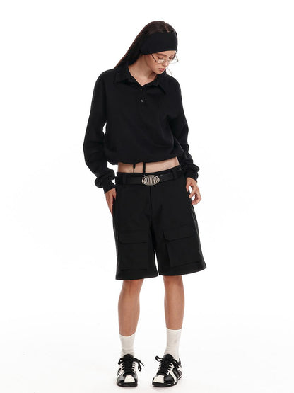 ALINNV STUDIO Polo Collar Drawstring Hem Embroidered Loose Fit Crop Sweatshirt