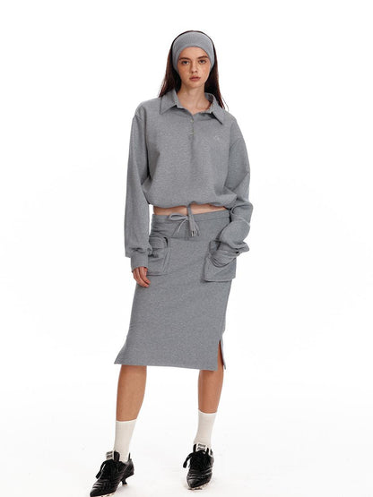 ALINNV STUDIO Polo Collar Drawstring Hem Embroidered Loose Fit Crop Sweatshirt