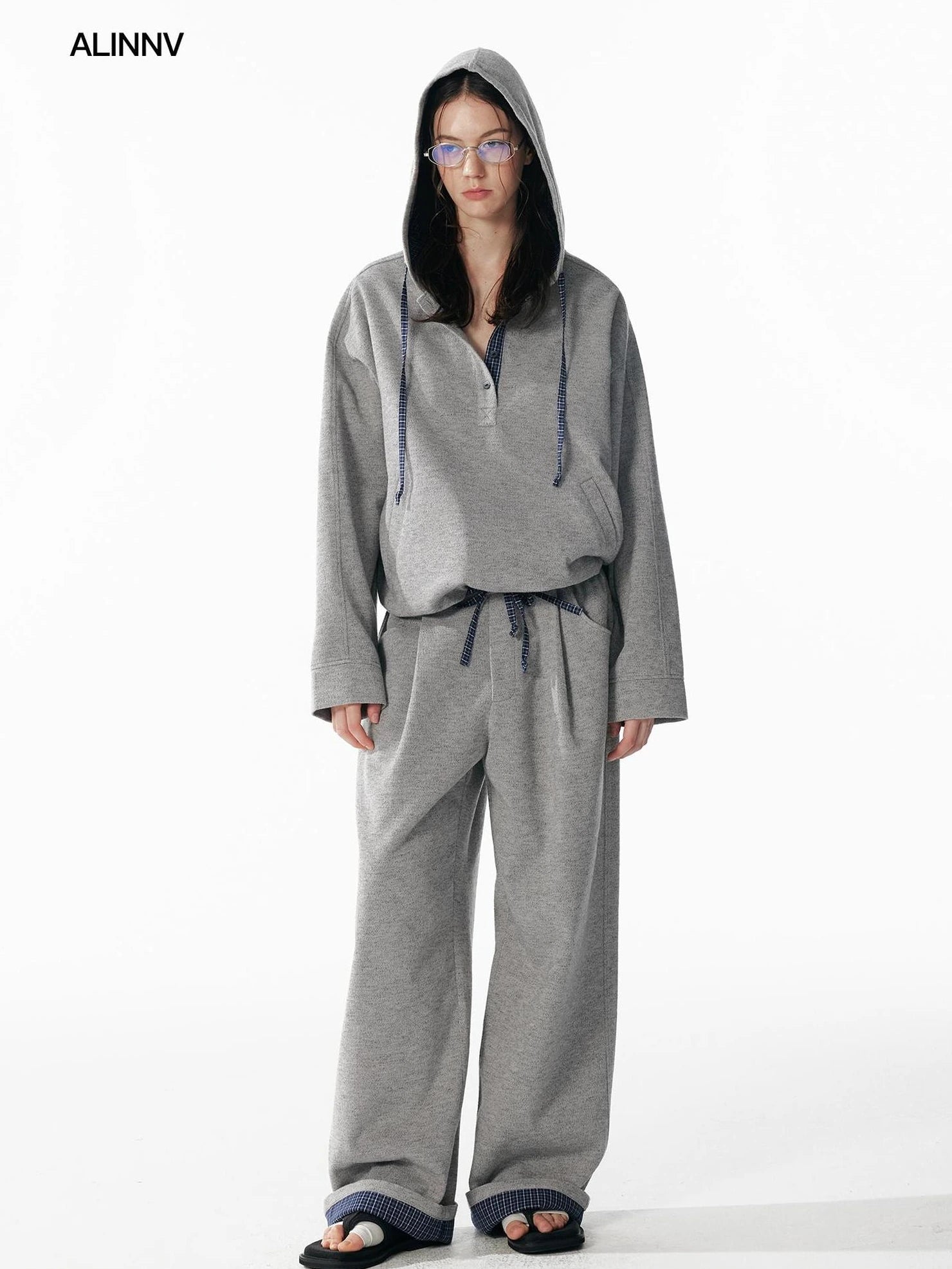 ALINNV STUDIO Retro Plaid Patchwork Hoodie And Relaxed Pants Set Hoodies/Sweatshirt