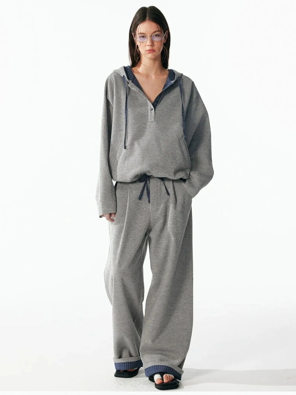 ALINNV STUDIO Retro Plaid Patchwork Hoodie And Relaxed Pants Set Hoodies/Sweatshirt