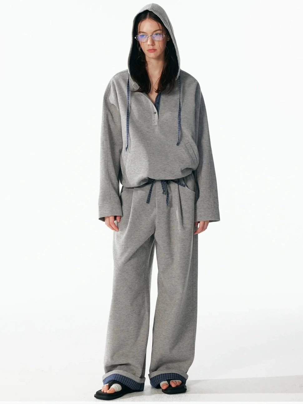 ALINNV STUDIO Retro Plaid Patchwork Hoodie And Relaxed Pants Set Hoodies/Sweatshirt