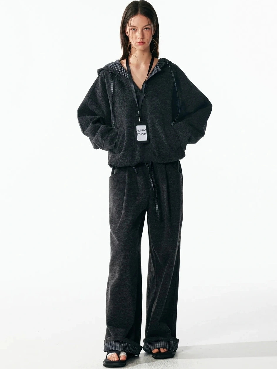 ALINNV STUDIO Retro Plaid Patchwork Hoodie And Relaxed Pants Set Hoodies/Sweatshirt
