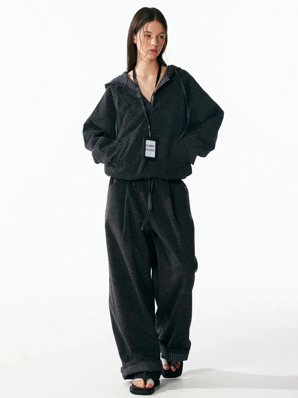ALINNV STUDIO Retro Plaid Patchwork Hoodie And Relaxed Pants Set Hoodies/Sweatshirt