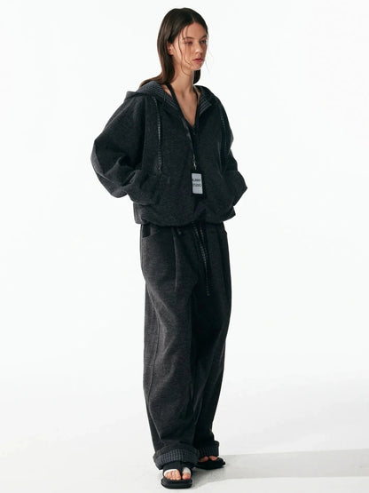 ALINNV STUDIO Retro Plaid Patchwork Hoodie And Relaxed Pants Set Hoodies/Sweatshirt